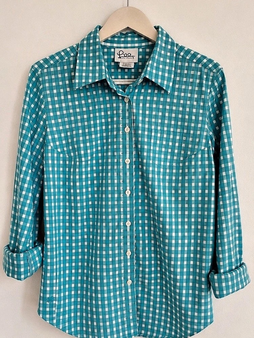 Lilly Pulitzer Gingham Button Down in Blue & White Size 8 Like New